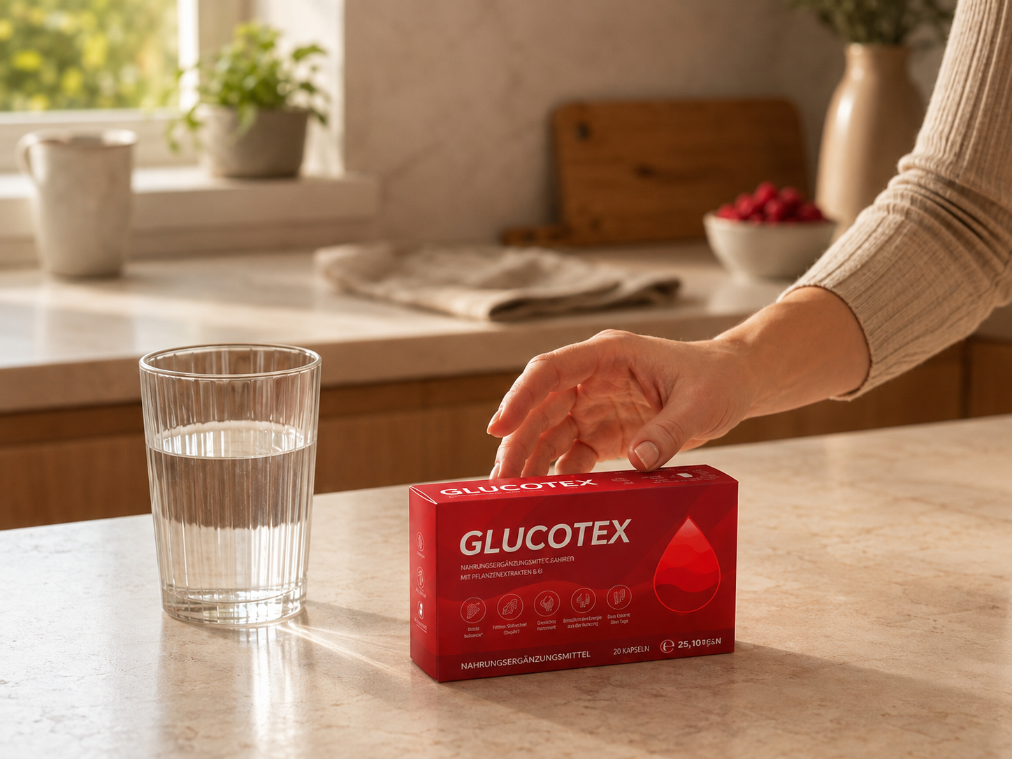 Glucotex auf einer Küchenarbeitsplatte mit einem Glas Wasser